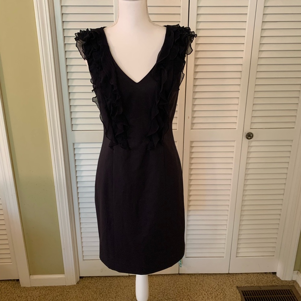 Rebecca Taylor Black Wool Blend Mini Dress with Silk Ruffles Size 6